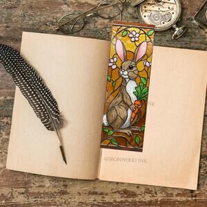 Stained Glass Look Bunny Bookmark,Orange Pink Rabbit Creature Wild Life Art